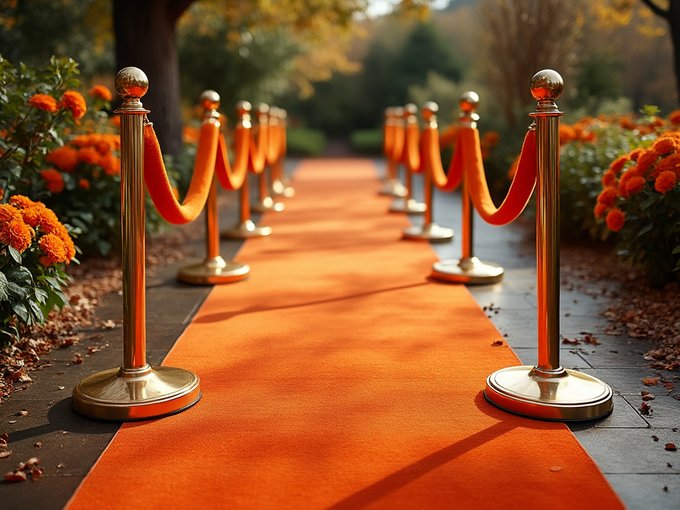 orange carpet and stanchions and rope